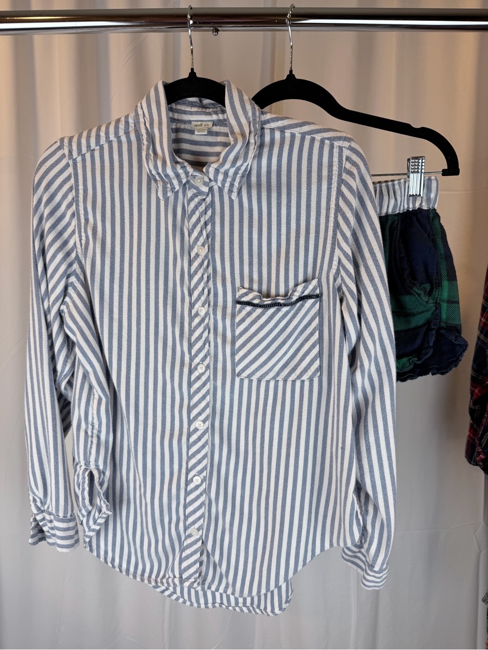 Aerie Striped Button Down Pajama Top and Mixed Plaid Ruffle Shorts Set XS